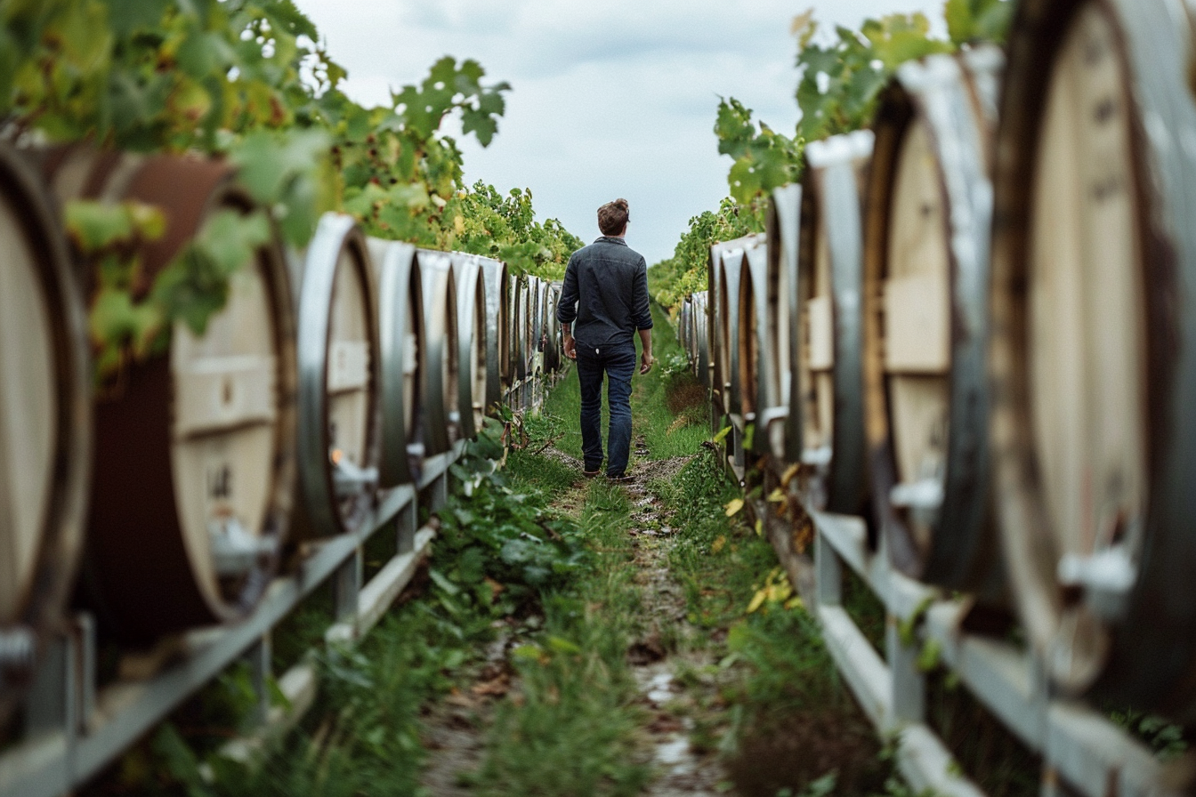 Winemaker walking through a vineyard